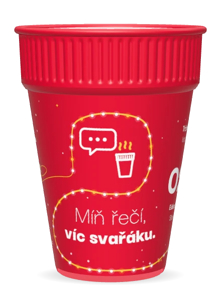 Červený kelímek s bublinou a kouřícím kelímkem