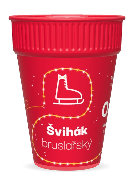 Červený kelímek s bruslí a motýlkem